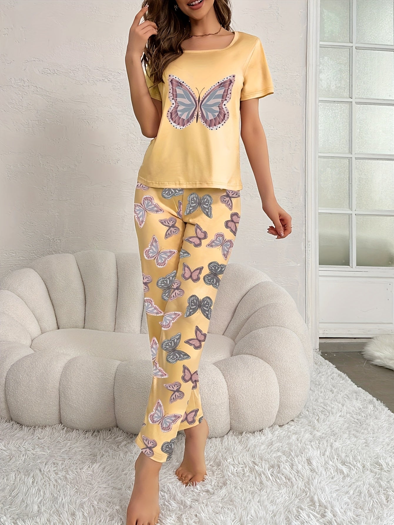 Conjunto de pijama de mariposa para mujer, poliéster, de punto, para todas las estaciones, ropa de dormir para adultos