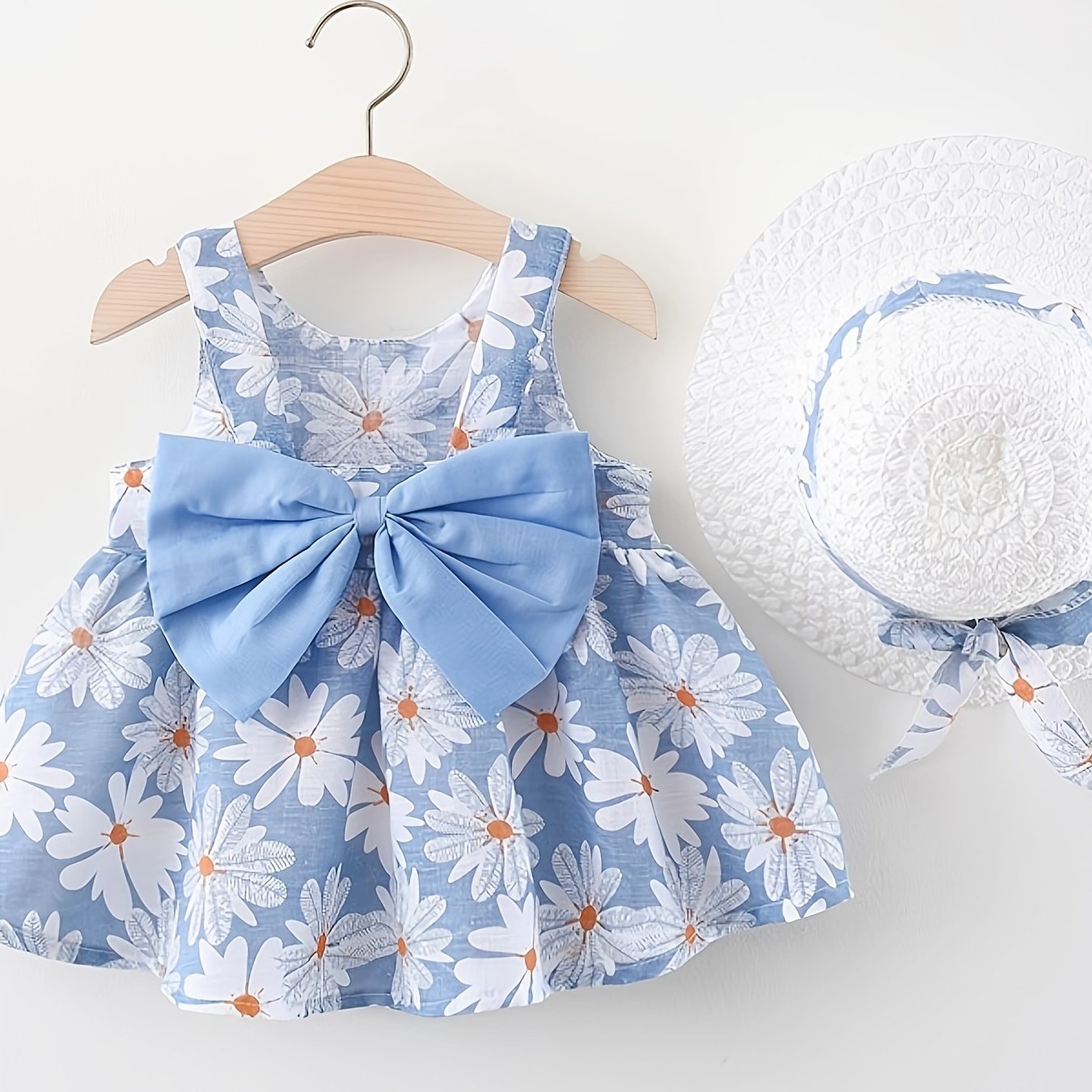 Baby Girls Summer Dress with Flower Print and Matching Hat Set
