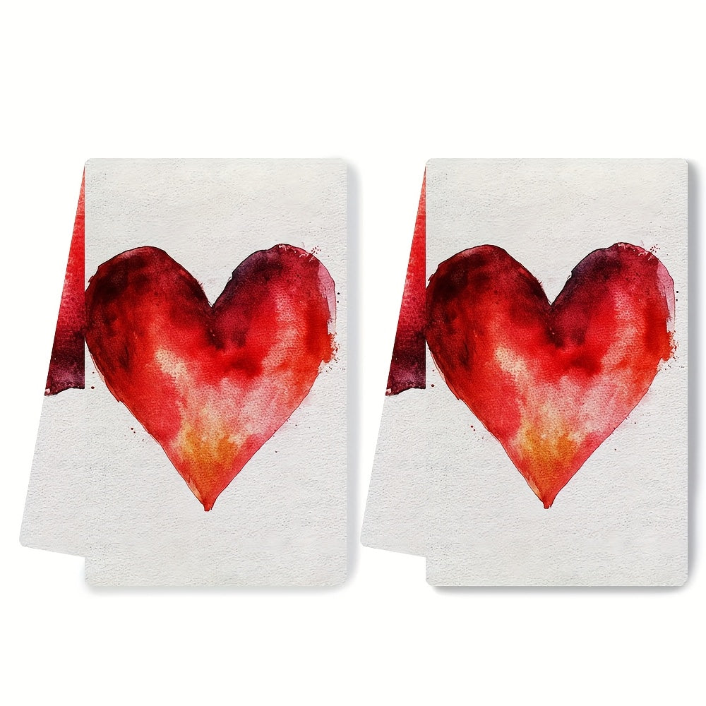 Set of 2 Soft Kitchen Towels with Heart Design, 16x24 Inches, Absorbent