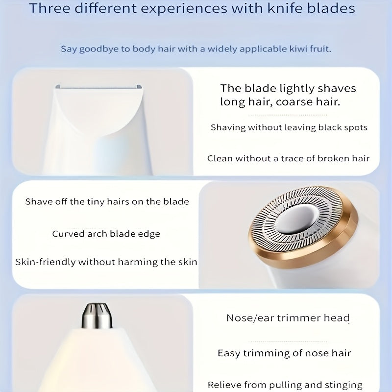Set de depilación eléctrica 3 en 1 para mujer, recortadora facial, recortadora de nariz, dispositivo para todo el cuerpo, recargable por USB
