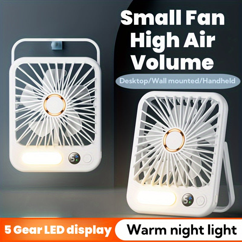 Портативный настольный вентилятор с элегантным белым дизайном, складной на 180°, 5 скоростей, перезаряжаемая батарея, светодиодная ночная лампа, цифровой дисплей - USB питание, долговечная литиевая батарея для дома, офиса, спальни, путешествий, кемпинга.