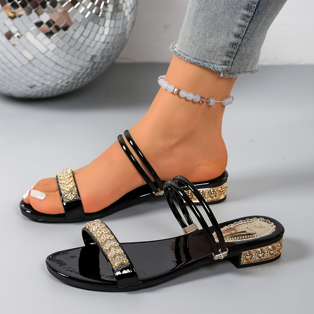 Women's Slip-On Flat Sandals with Crystals, Adjustable Strap, Low Heel