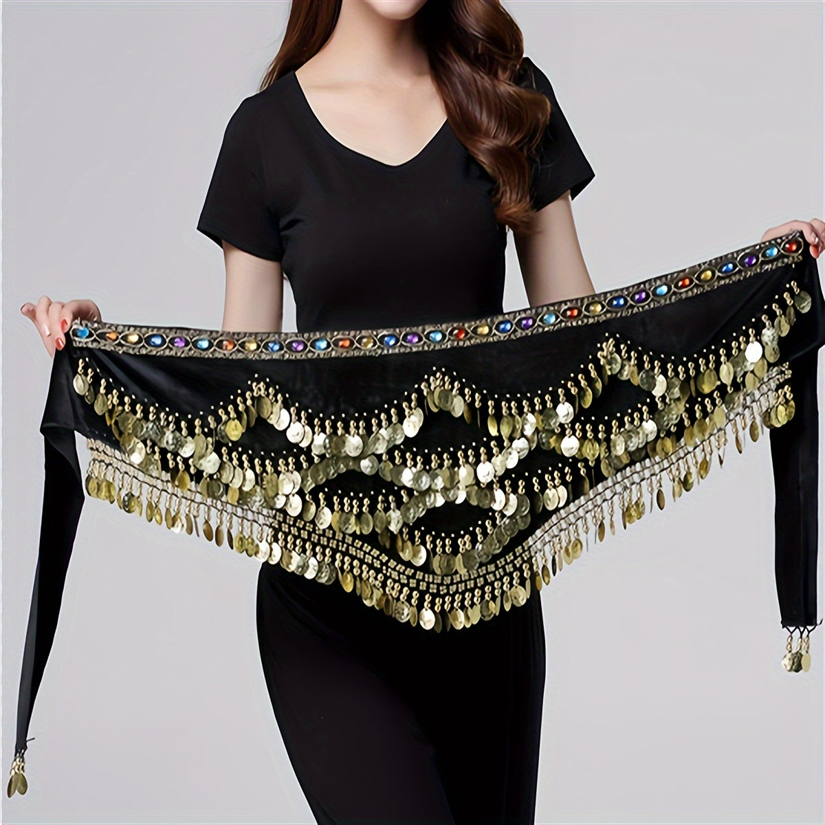 Black Sequin Belly Dance Hip Towel for Performances
