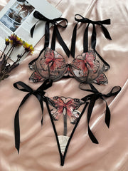 Women's Mesh Lingerie Set with Embroidered Butterfly Design Bra and Thong