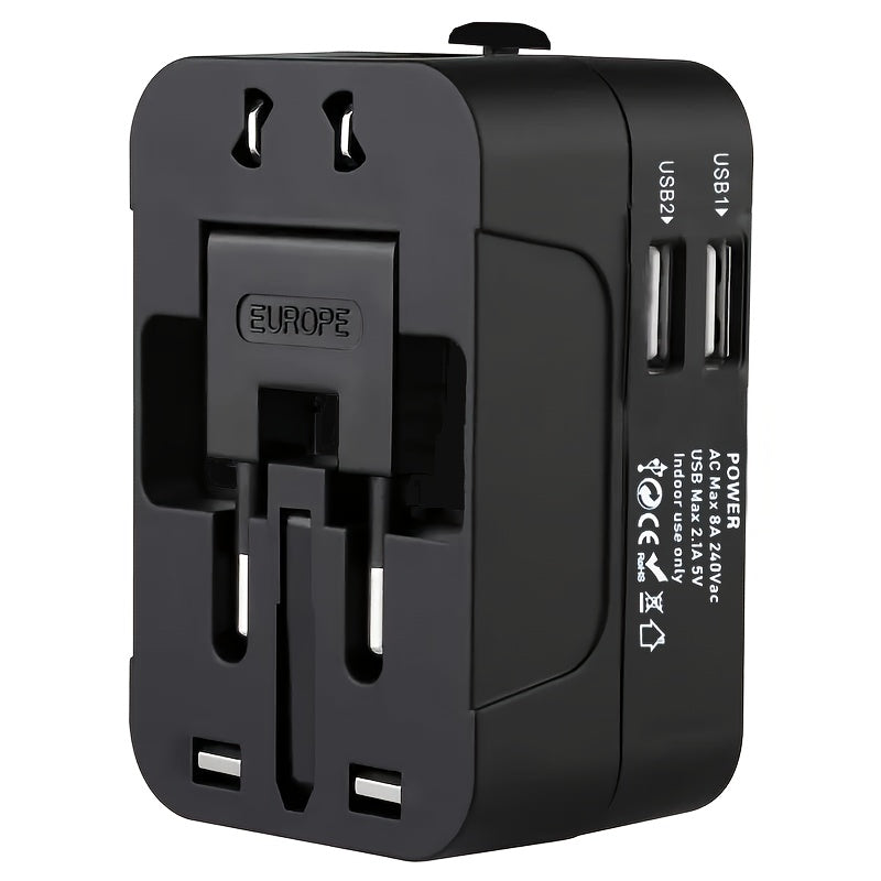 Universal Travel Adapter with Dual USB Ports for Phones and Laptops 110V 220V Worldwide Compatibility