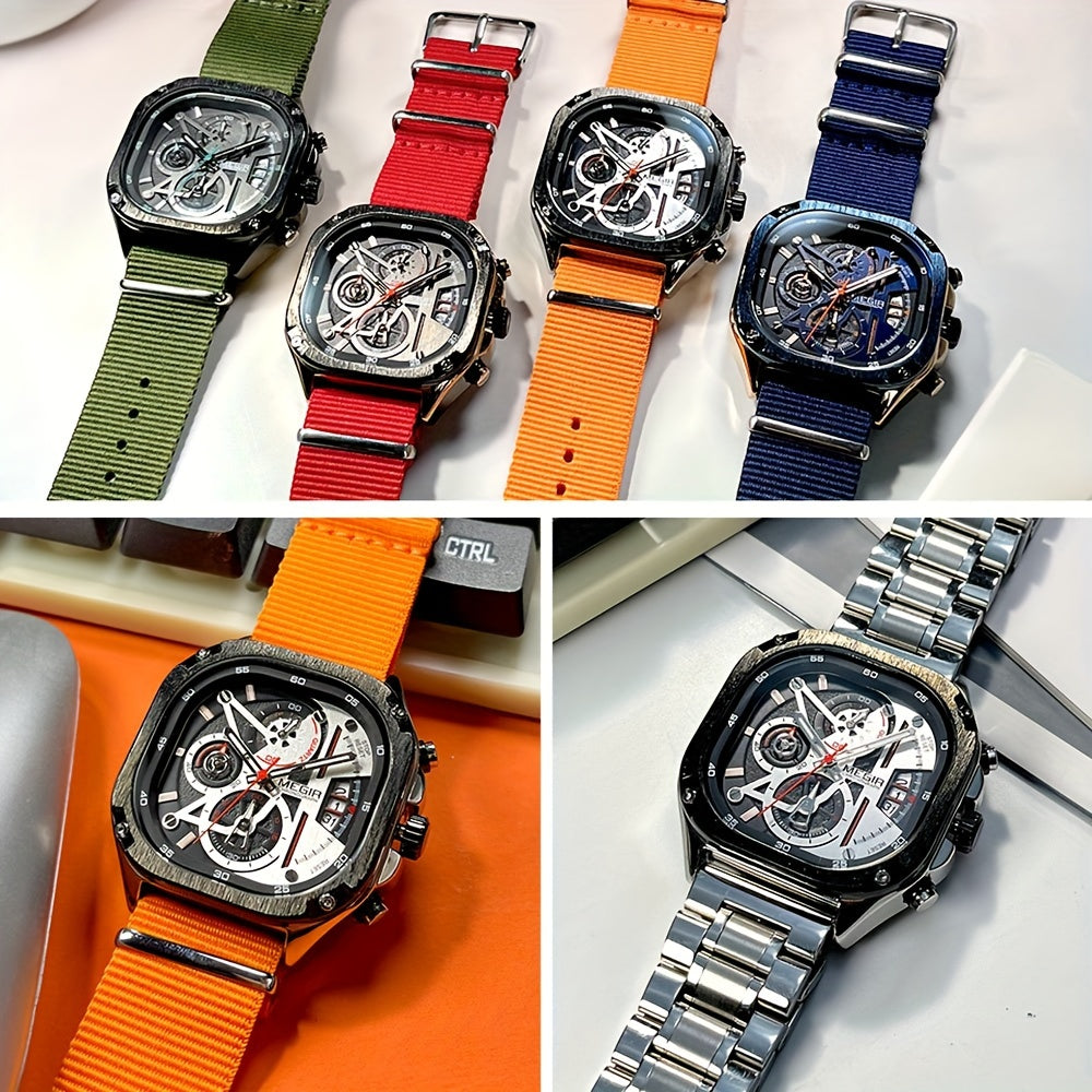 MEGIR qora kvarts soati erkaklar uchun, xronograf, zanglamaydigan po'latdan tayyorlangan tasma va avtomatik sana, yorug'likda porlaydigan qo'llar bilan kvadrat dial.