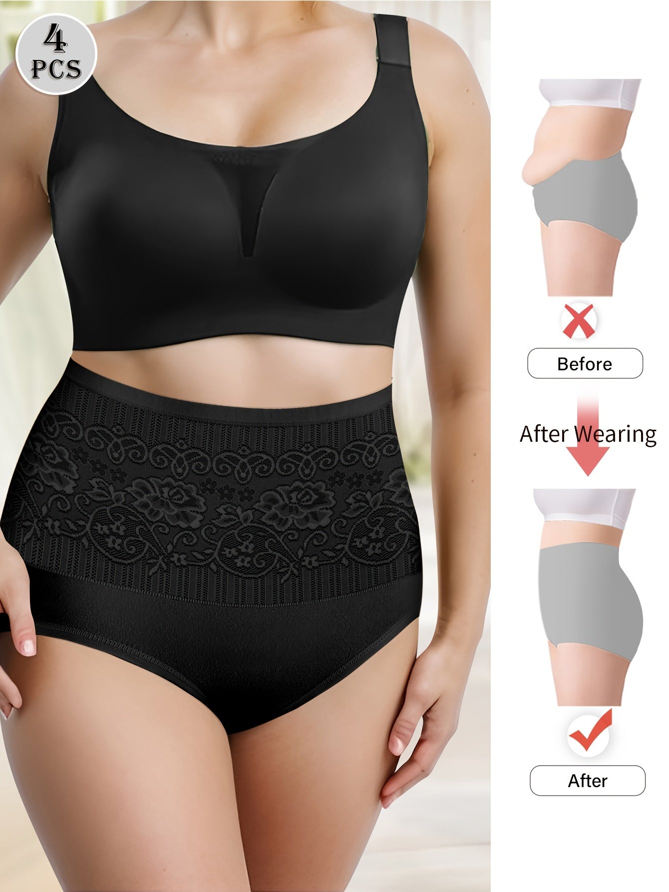Women’s Beige Lace Pattern High-Waist Tummy Control Shapewear Panties 4 Pack