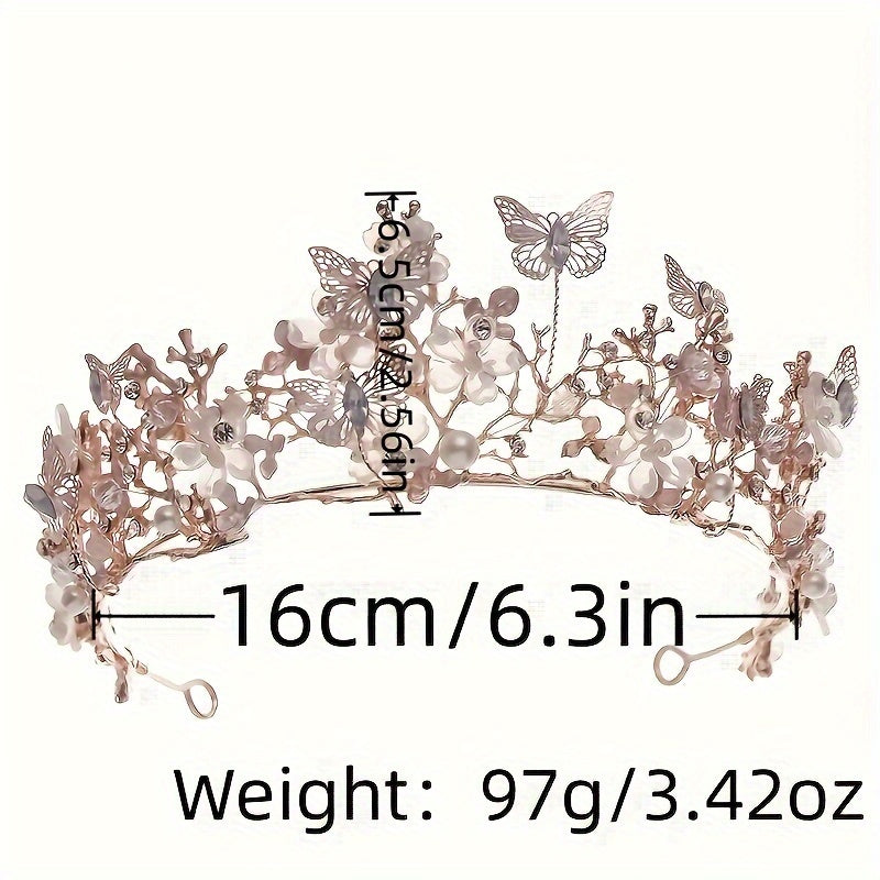 Невестная цветочная корона с жемчугами, стразами и бабочкой, аксессуар для свадебных причесок
