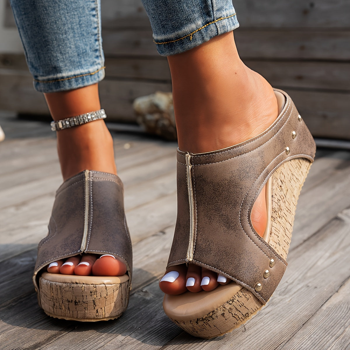 Women's Faux Leather Wedge Sandals Open Toe Slip-On Platform Shoes