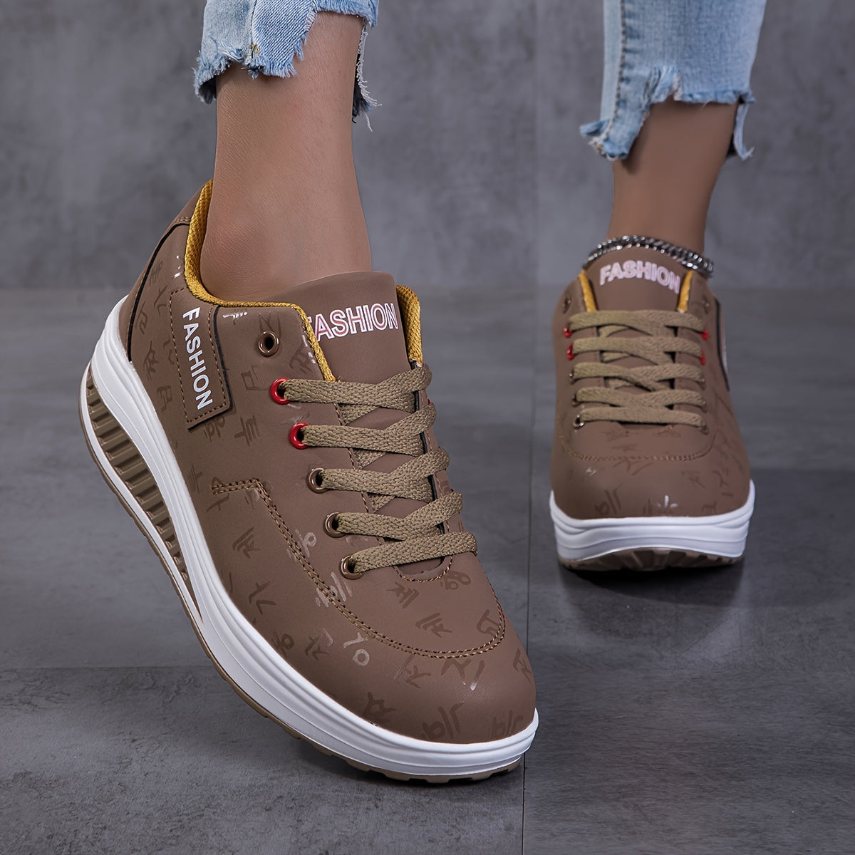 Ayollar uchun harf bosma Rocker sneakers, lentalar bilan platformali, kundalik poyabzal