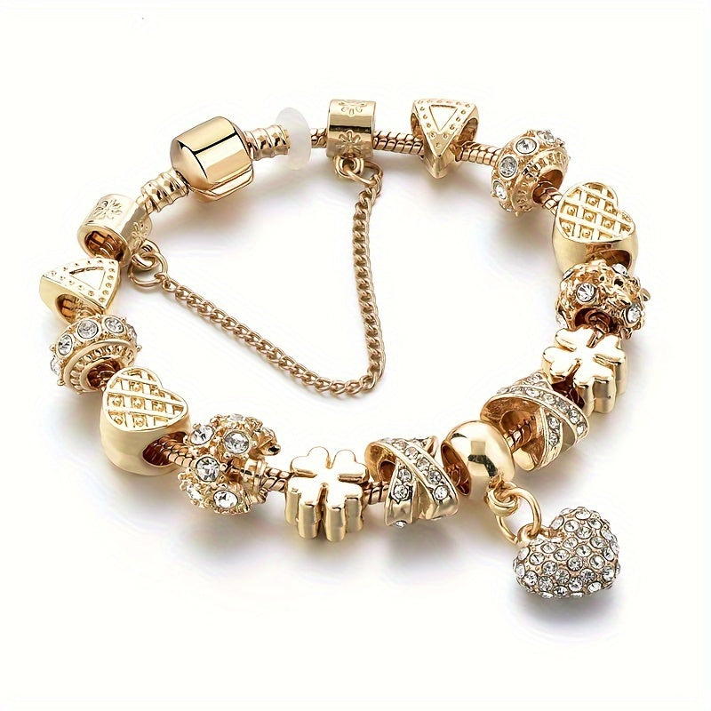 Gold Tone Heart Charm Bracelet with Rhinestones and Large Hole Beads