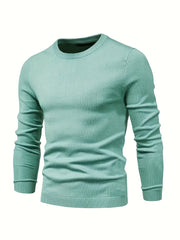 Men's Knit Sweater Fall Winter Solid Color Crew Neck Long Sleeve Medium Stretch Rayon
