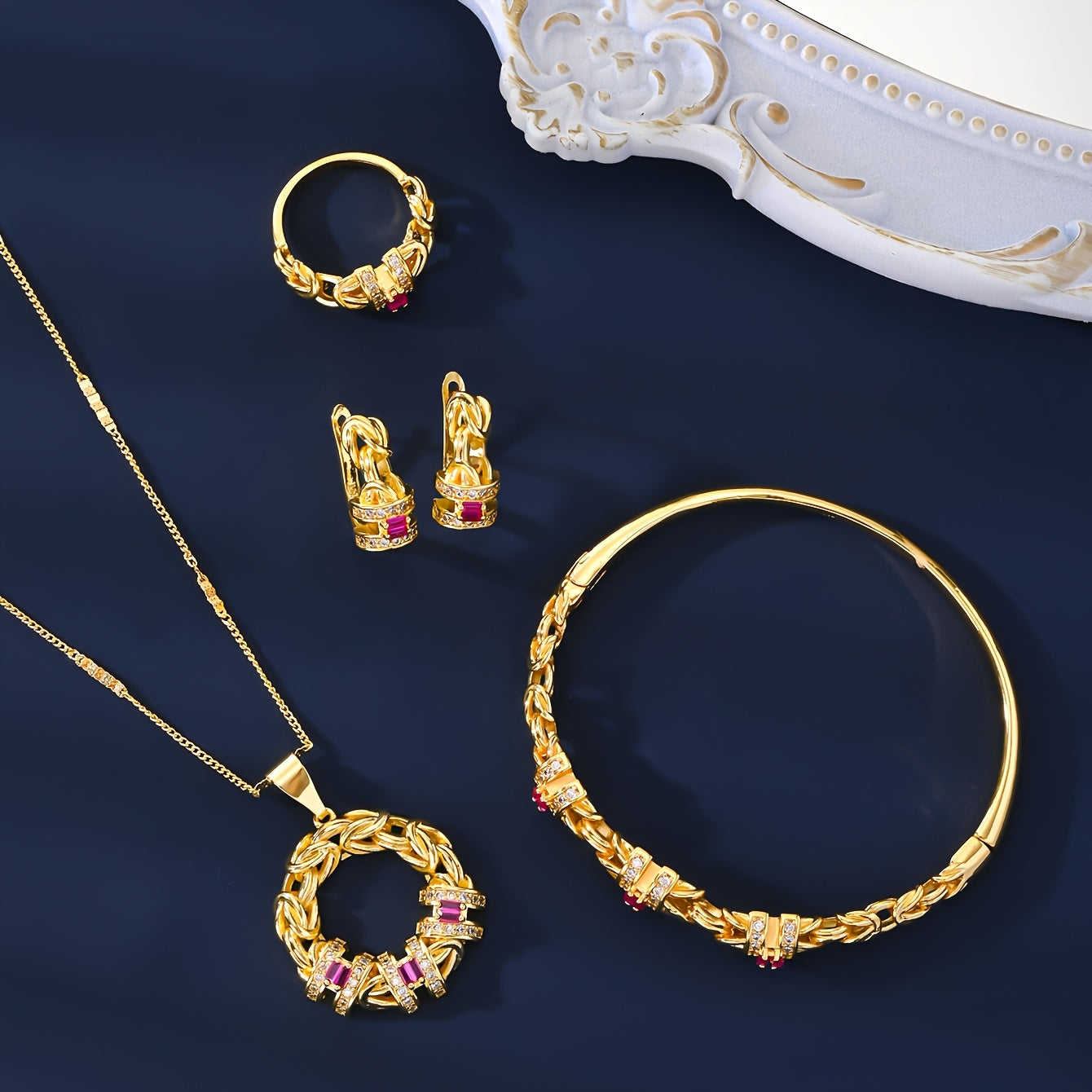 Gold-Plated Jewelry Set with Zirconia Stones for Women 5-Piece Dubai-Inspired