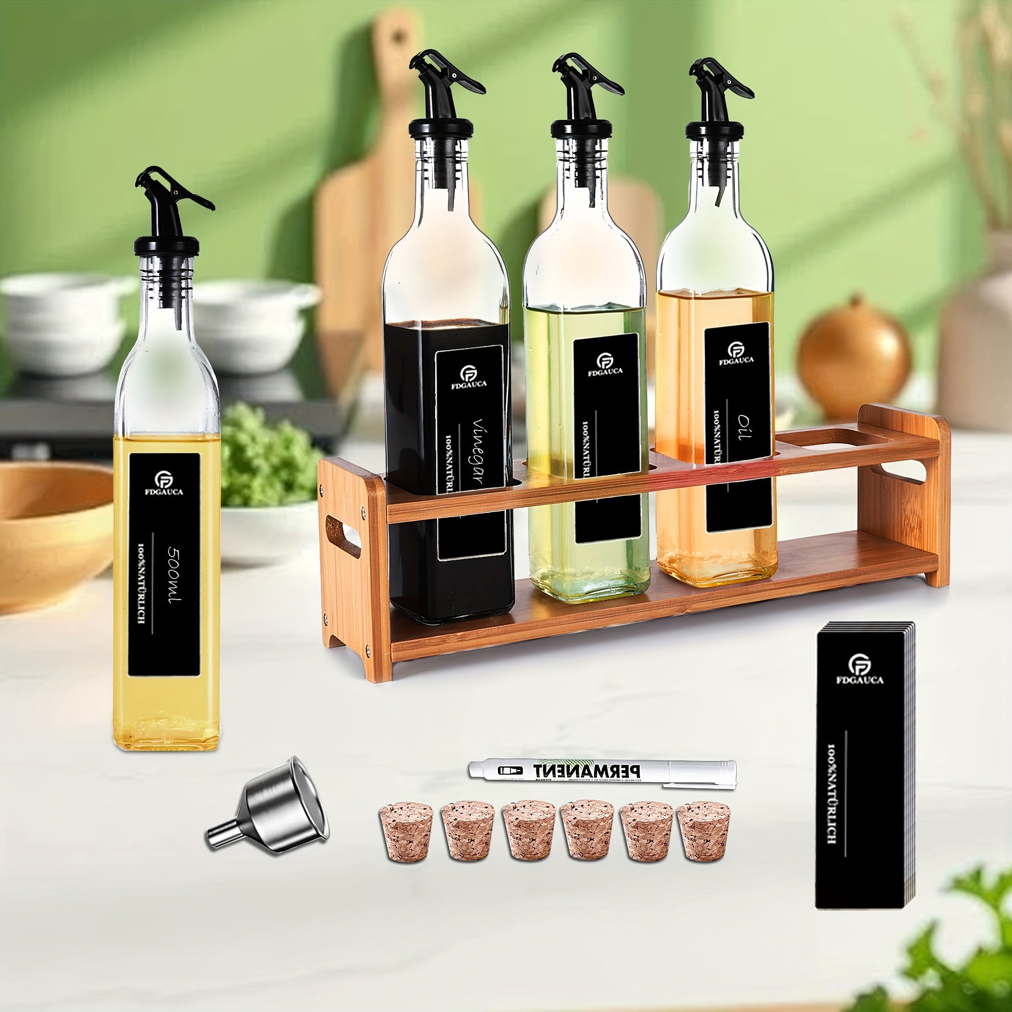 Set of 4 Oil and Vinegar Bottles with Bamboo Rack, 500ml Glass Canisters