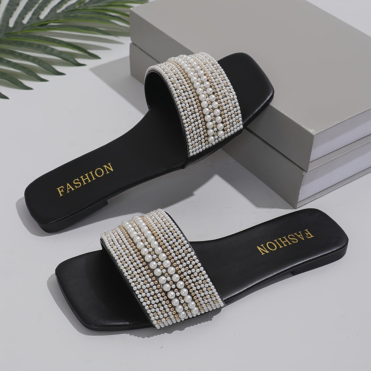 Women's Slip-On Rhinestone Sandals Open-Toe Cushioned Insole Black White Brown
