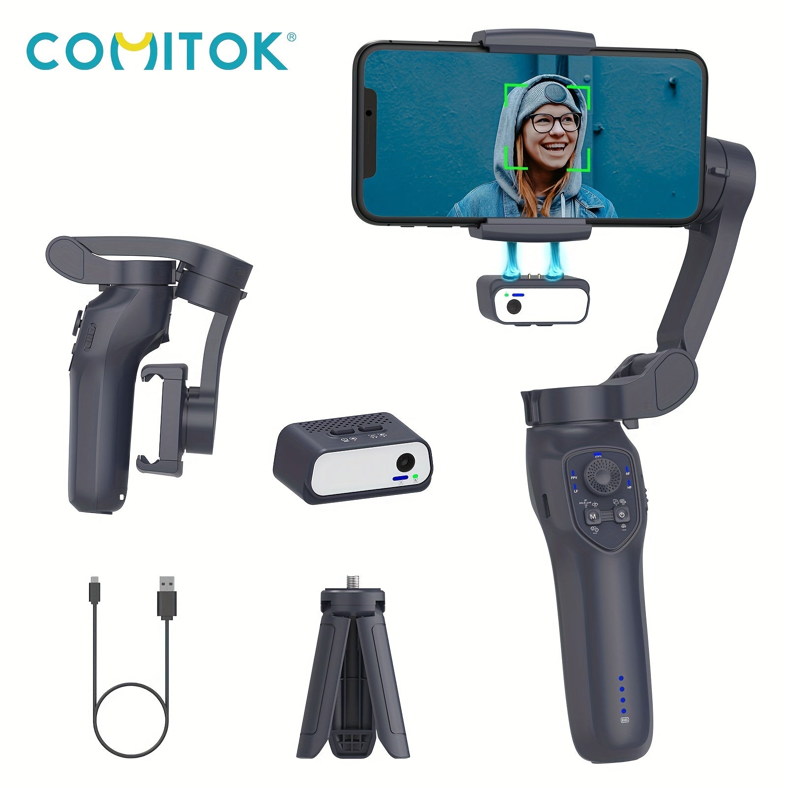 Portable Handheld Gimbal Stabilizer with Smart Gesture Control Foldable Design Fill Light for Selfies Vlogging and Live Streaming Black