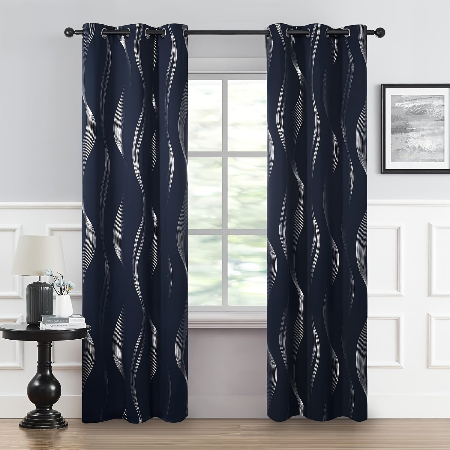 Contemporary Blackout Curtains 2 Pieces Woven Polyester Grommet Top Room Darkening
