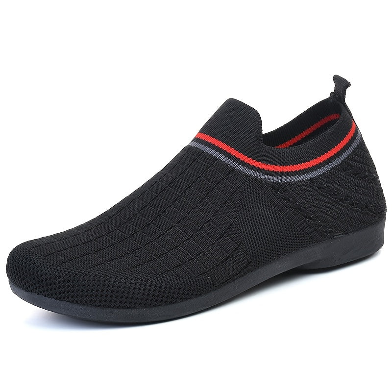 Women's Lightweight Knit Slip-On Sneakers Breathable Black Shoes with Red Gray Accents
