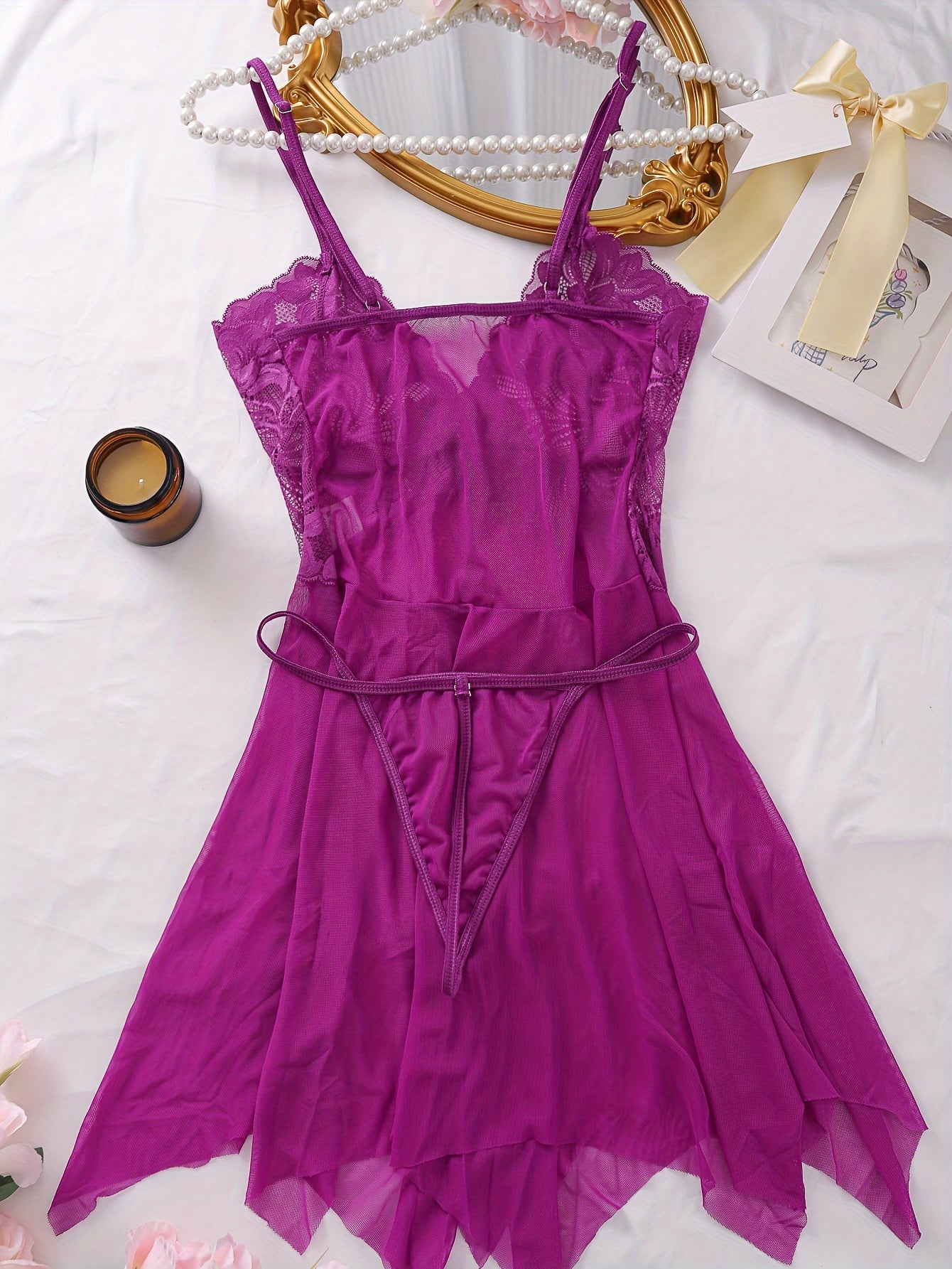 Women's Floral Lace Lingerie Set with Deep V Slip Dress and Thong