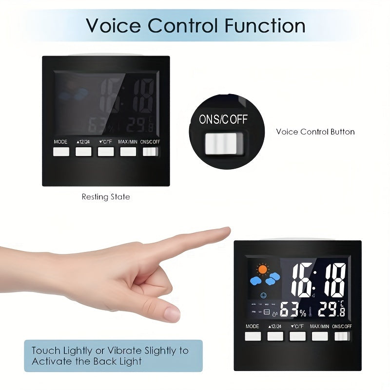 Digital Weather Station Indoor Temperature Humidity LCD Alarm Clock Calendar Voice Control Battery Powered