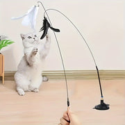 Interactive Cat Teaser Wand Toy with Steel Wire Detachable Feather and Suction Cup Base