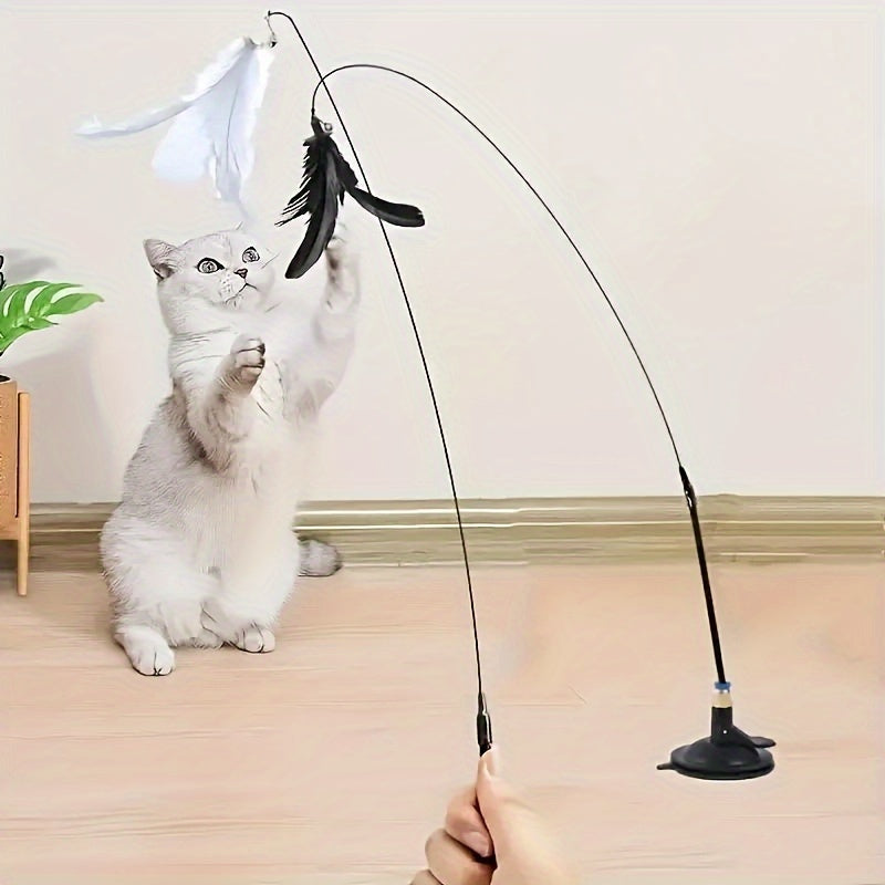 Interactive Cat Teaser Wand Toy with Steel Wire Detachable Feather and Suction Cup Base