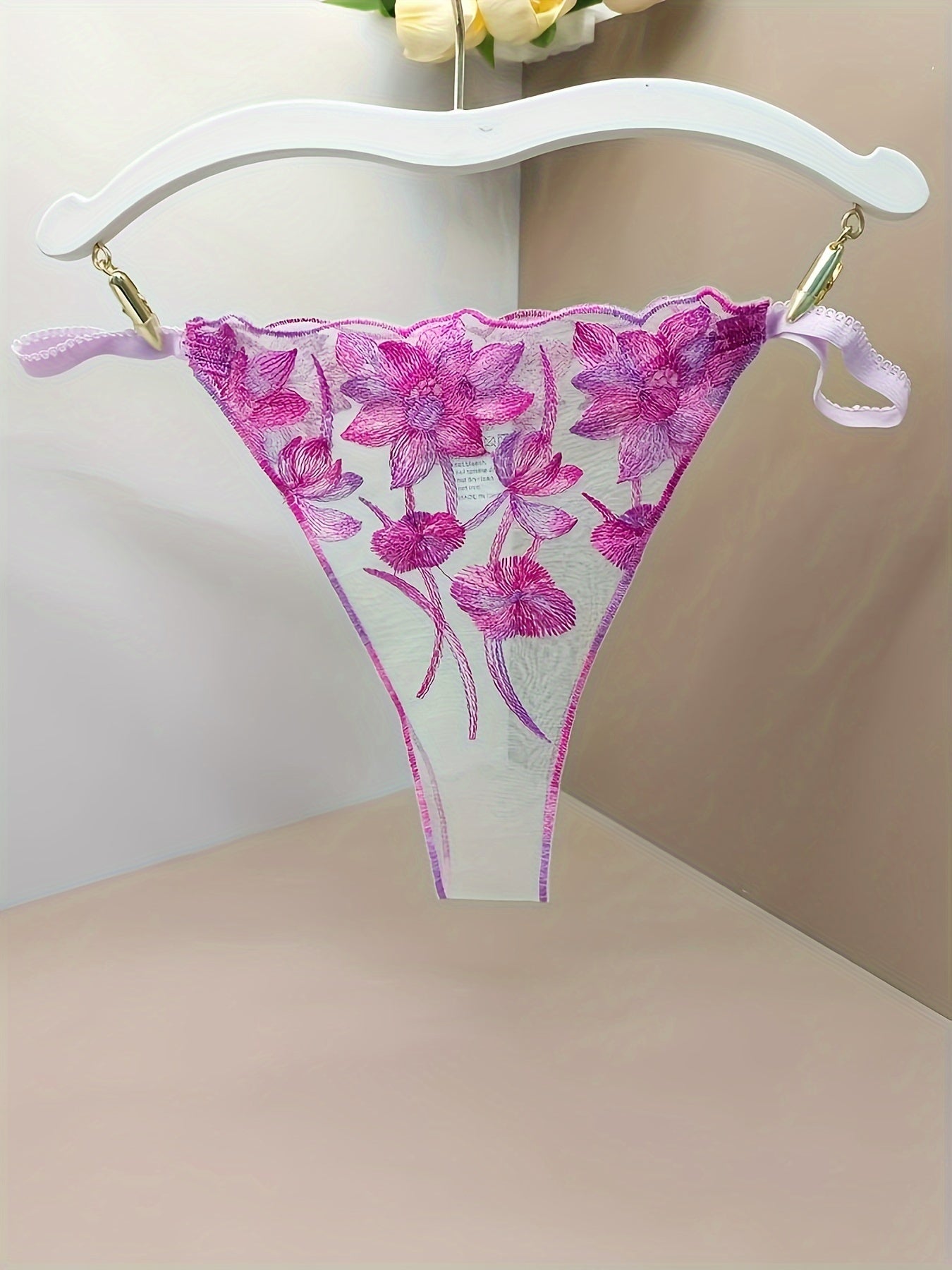 Women's Sheer Mesh Thong Panties with Embroidered Floral Design and Open Crotch