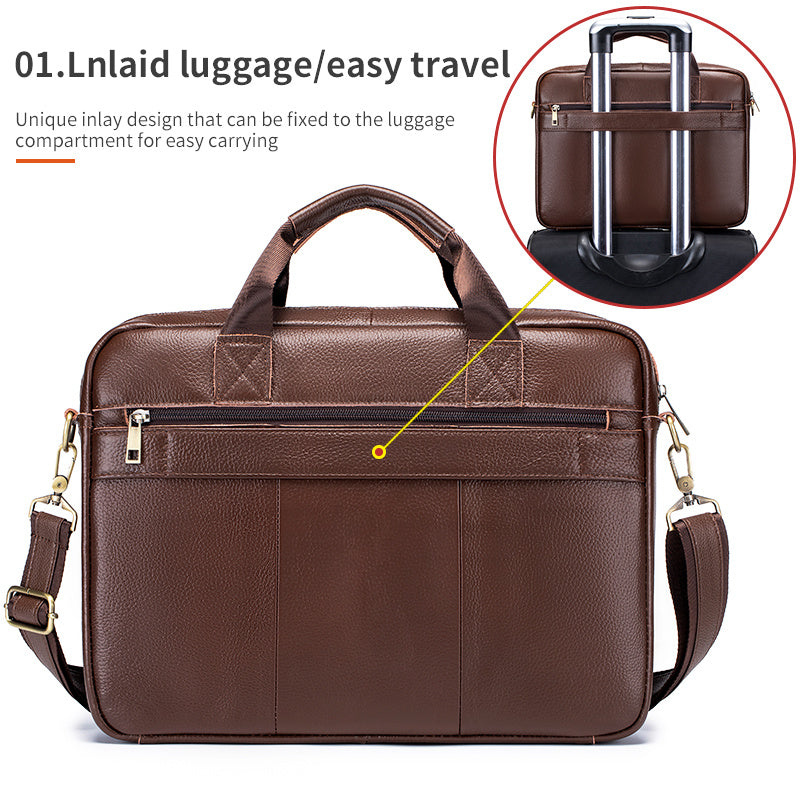 Men's Leather Briefcase with Multiple Compartments and Adjustable Shoulder Strap Coffee