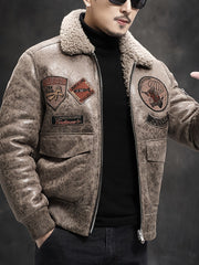 Men's Faux Fur Lined Biker Jacket with Applique Air Force Style Zipper Closure Fall Winter