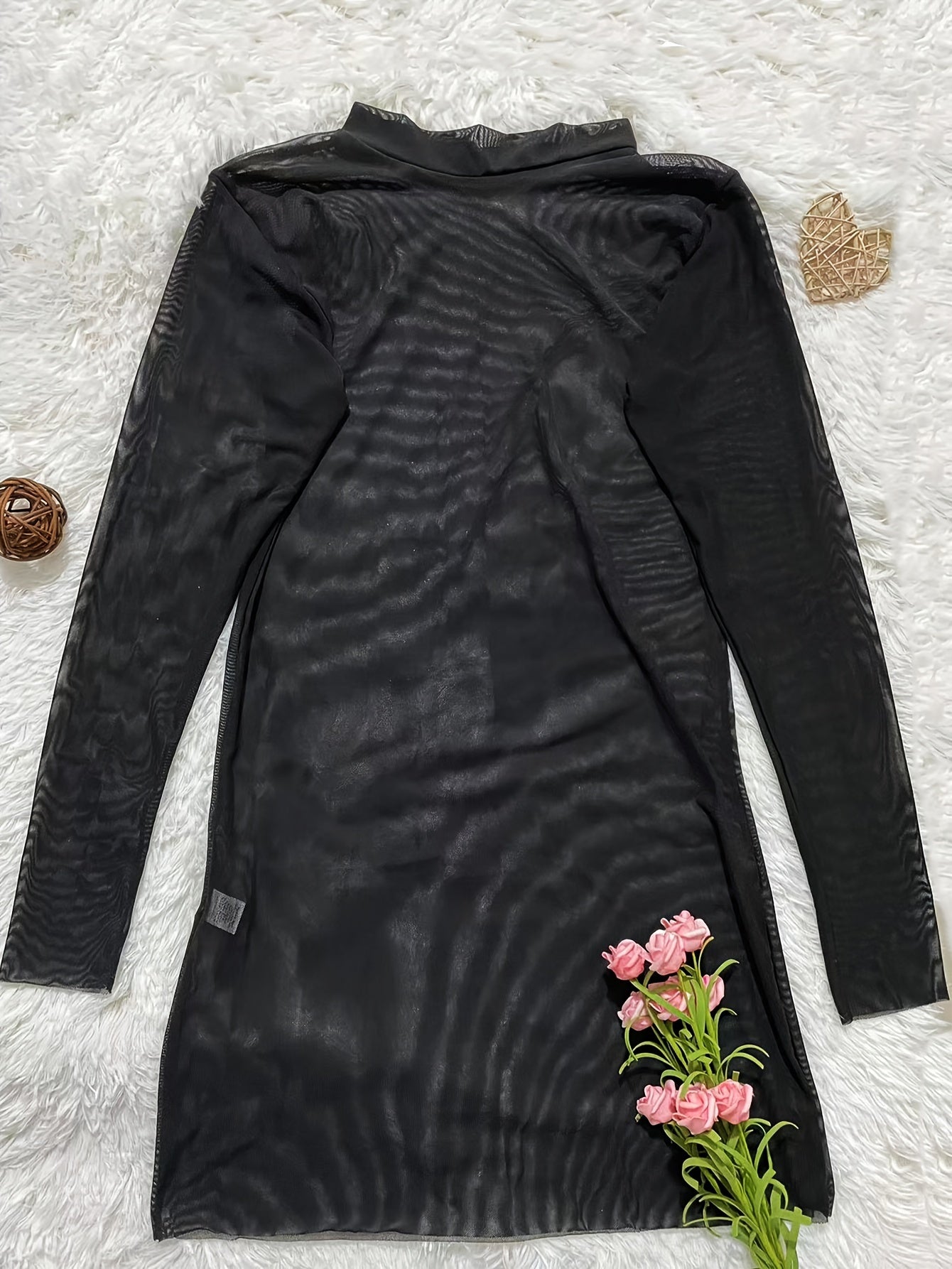 Women's Sheer Long Sleeve Dress with Charm Design Lingerie Not Included