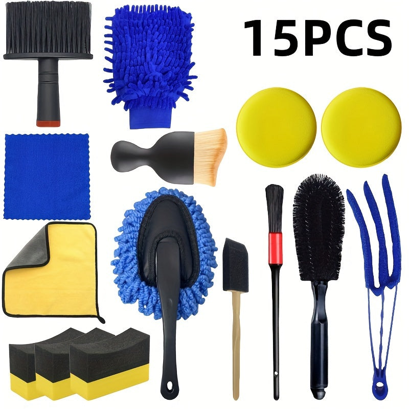 Car Detailing Kit Includes Wash Mitt Wheel Brush Dusting Brush Vent Cleaning Tool Long and Short Brushes Wax Applicator Sponge Duster