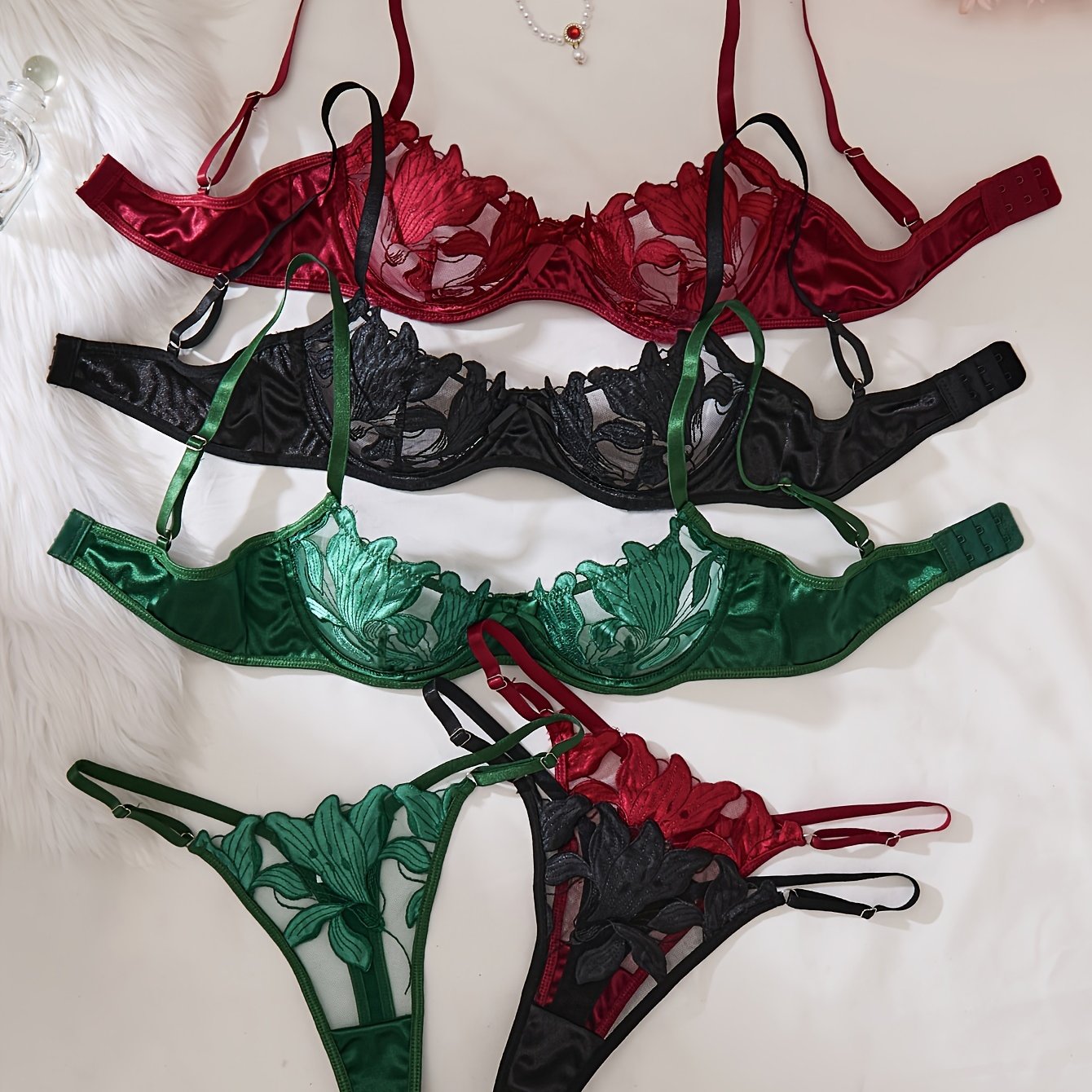 Women's 3-Piece Floral Embroidered Lingerie Set with Bra and Panties