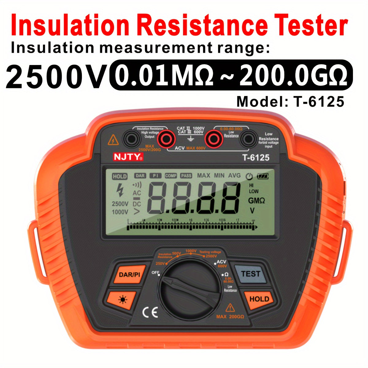 Digital Insulation Resistance Tester 1000V/2500V Portable Megohmmeter with Backlit LCD