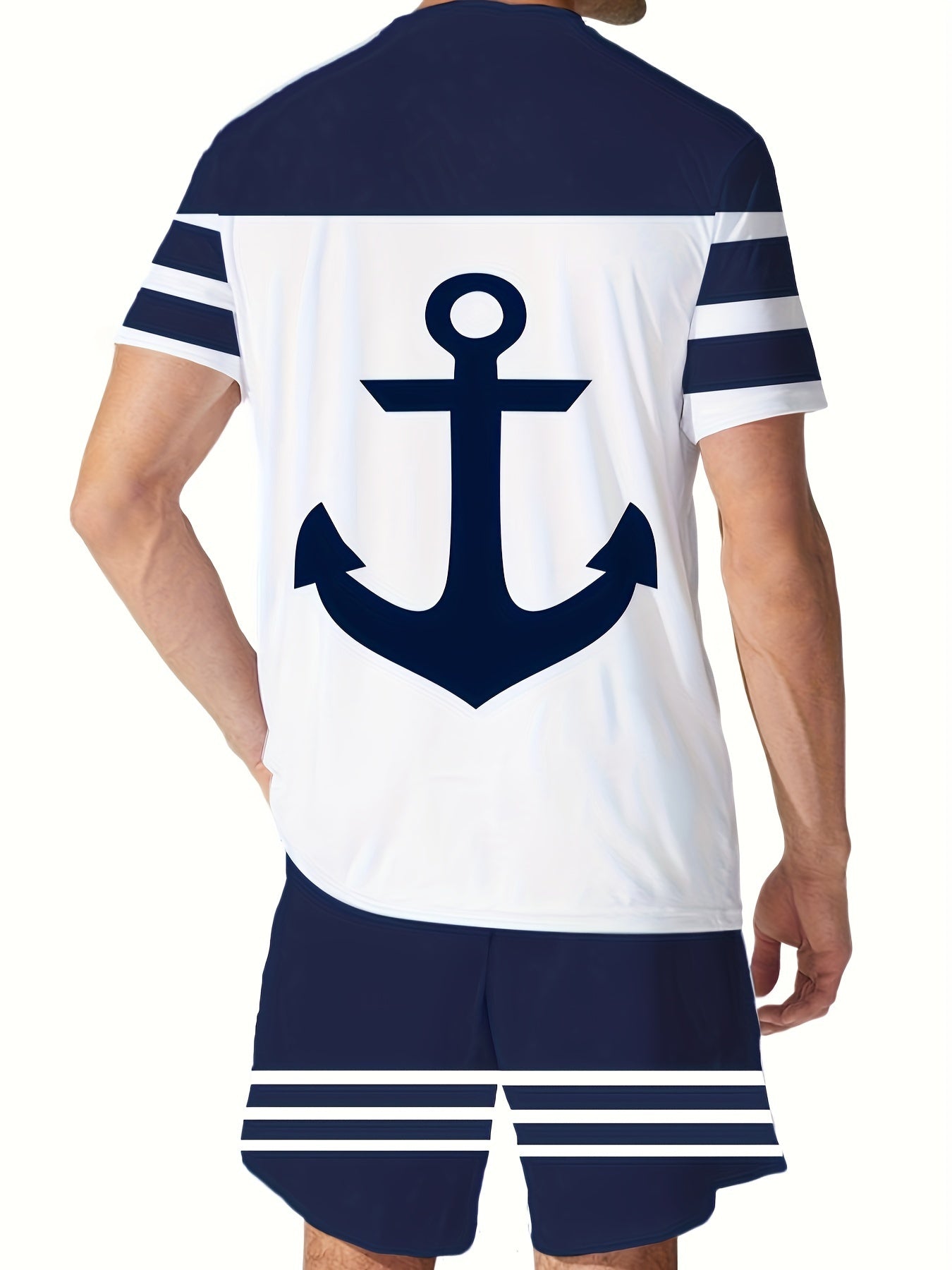 Plus Size Men's Anchor Pattern Print T-shirt and Shorts Set for Summer Outdoor Sports