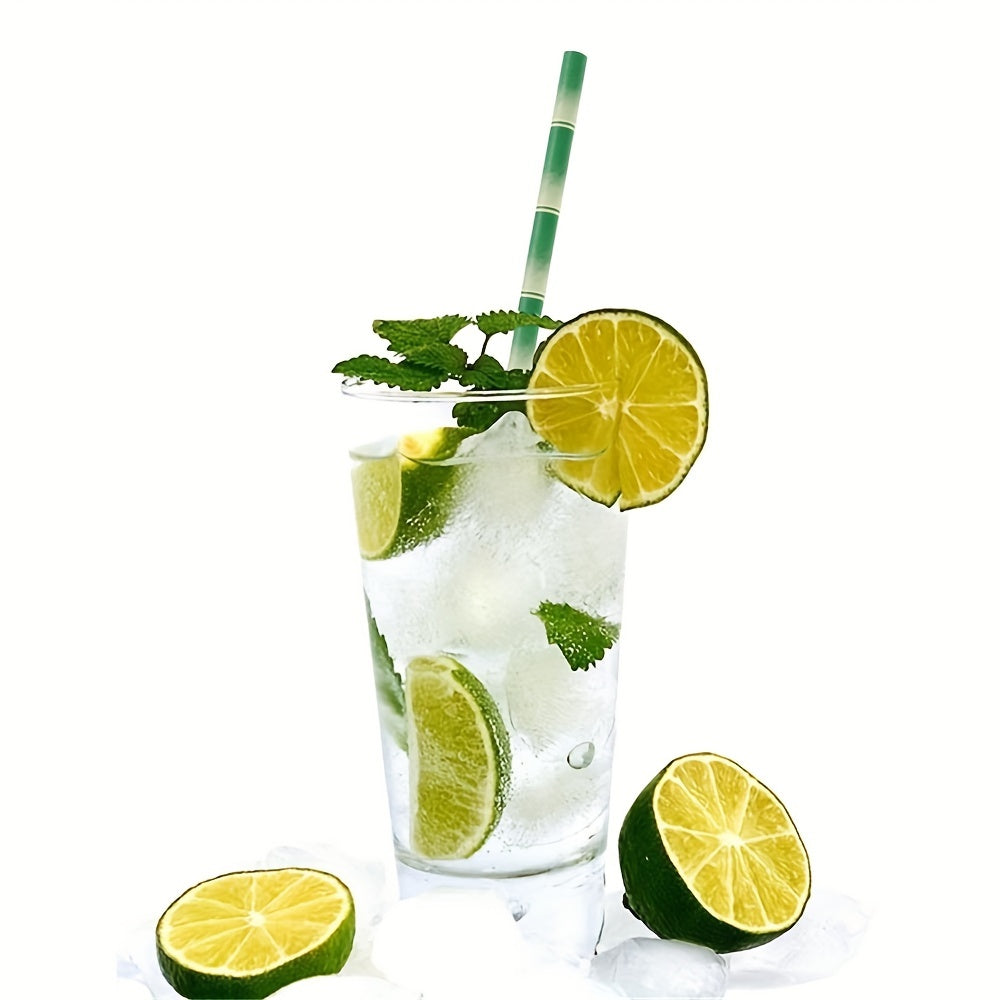 Set of 25 Green Bamboo Paper Straws with Yellow Stripes for Parties and Events