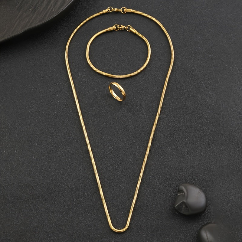 Zarif 3-qismli Zargarlik To'plami oltin - Nikelga chidamli Ilon Zanjirli Marjon, Bilaguzuk va Oddiy Halqa Har kuni kiyish uchun