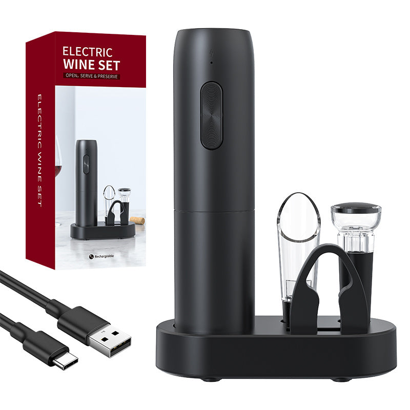 Electric Bottle Opener Set with Base, Includes Foil Cutter, Pourer, Vacuum Plug, Charger