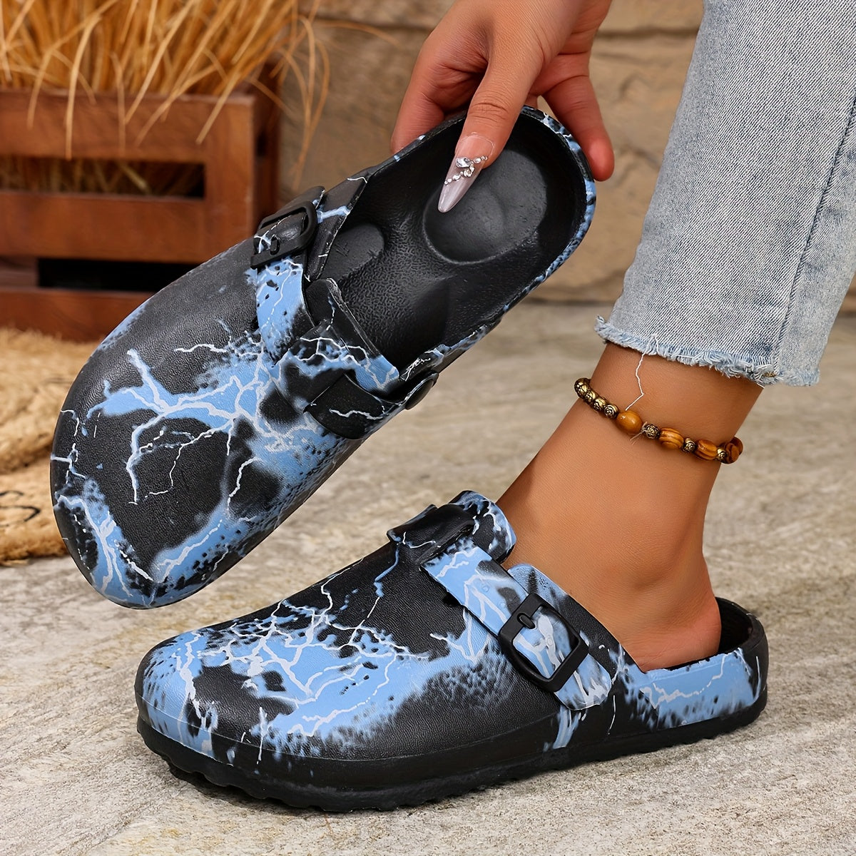 Women's Marble Print EVA Sandals Breathable Non-Slip Adjustable Summer Beach