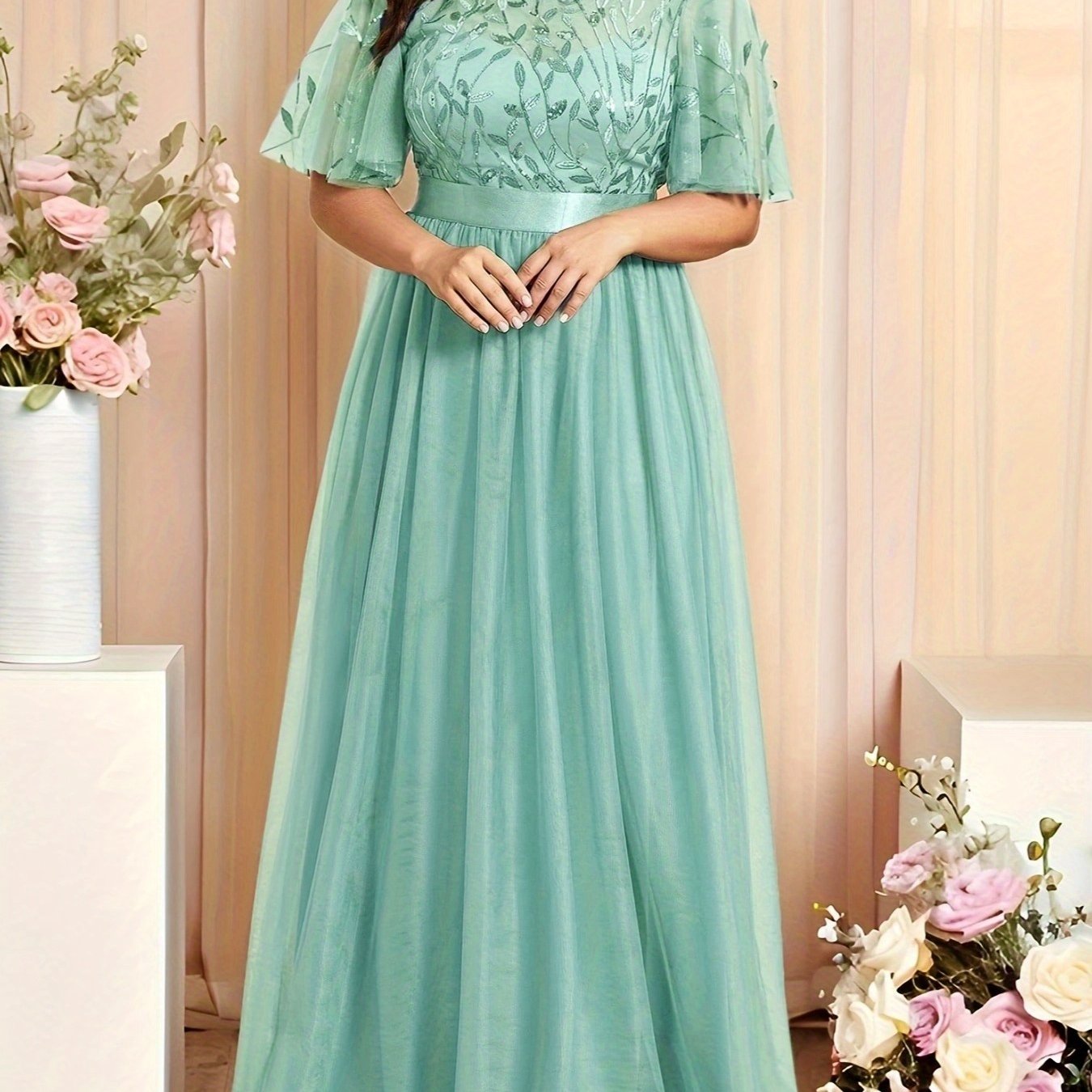 Women's Plus Size Evening Mesh Spliced Round Neck Dress