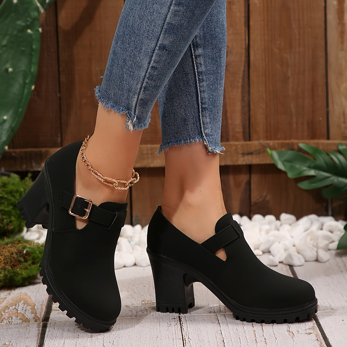 Women's Black Chunky Heel Pumps with Buckle Strap and Rubber Sole