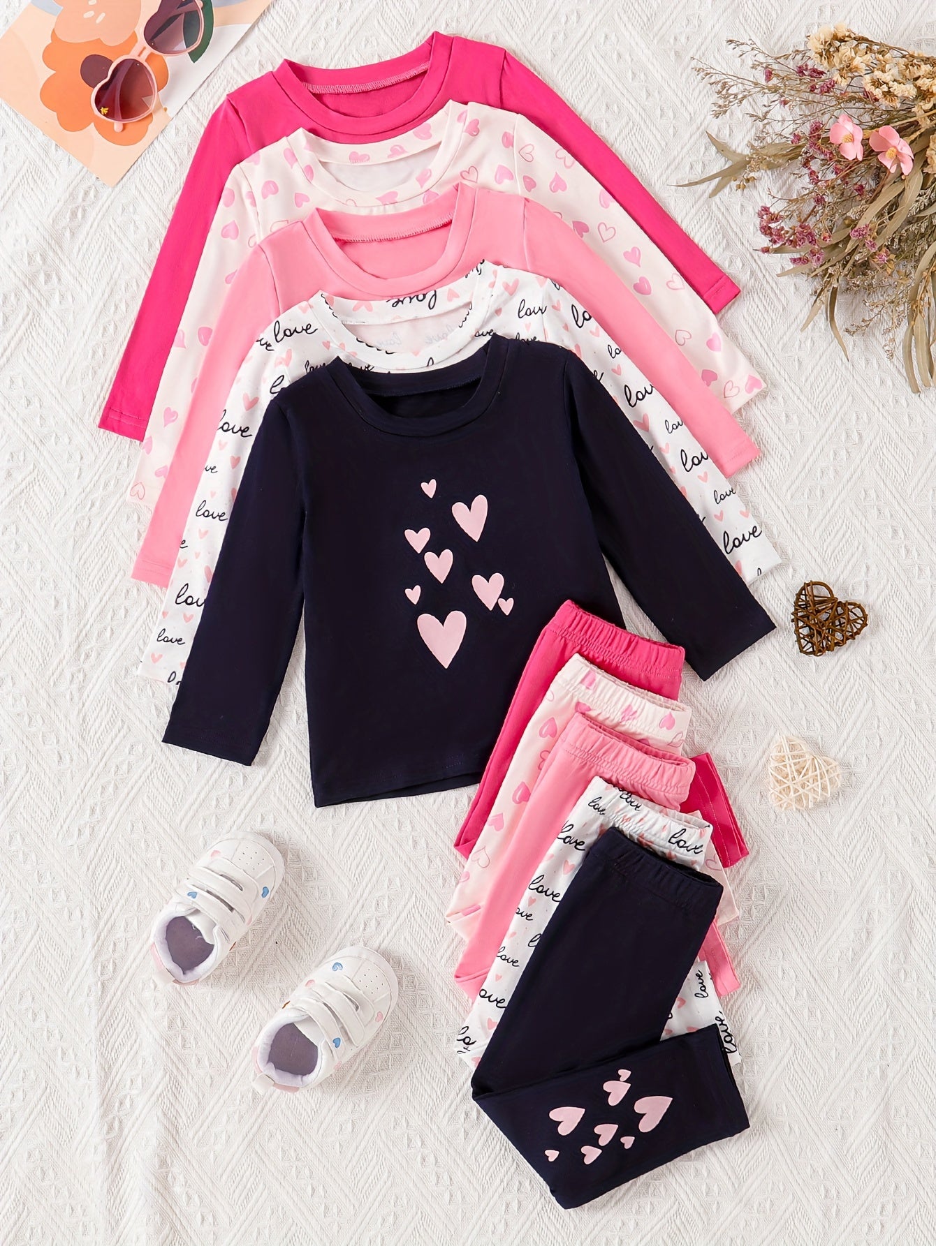 Girls' 10-Piece Casual Long-Sleeved Top and Pants Set with Love Letter Prints for Spring and Fall