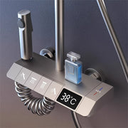 Душевая головка высокого давления размером 12 дюймов с ручным душем с 4 функциями, изготовленная из металла и пластика. Не требует электричества или батареек, включает в себя дисплей температуры.