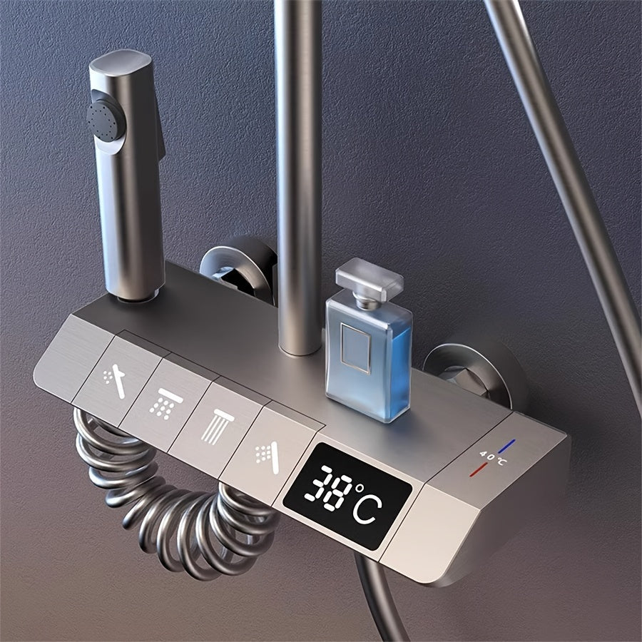 Душевая головка высокого давления размером 12 дюймов с ручным душем с 4 функциями, изготовленная из металла и пластика. Не требует электричества или батареек, включает в себя дисплей температуры.