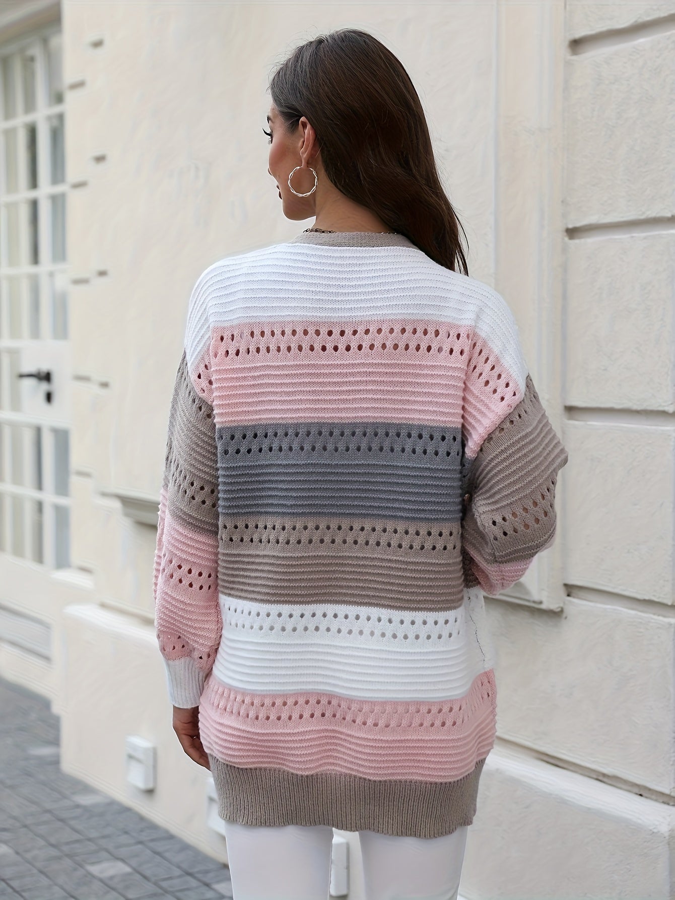 Plus Size Women's V-Neck Cardigan Breathable Lightweight Striped Spring Layering