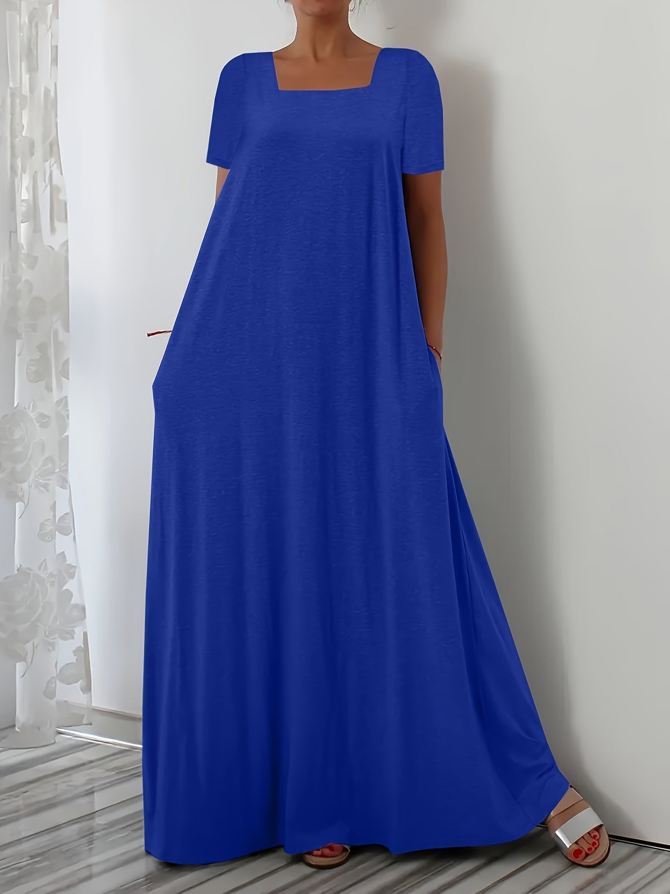 White Maxi Dress with Square Neck Short Sleeves Pockets Flowing Silhouette Polyester Blend