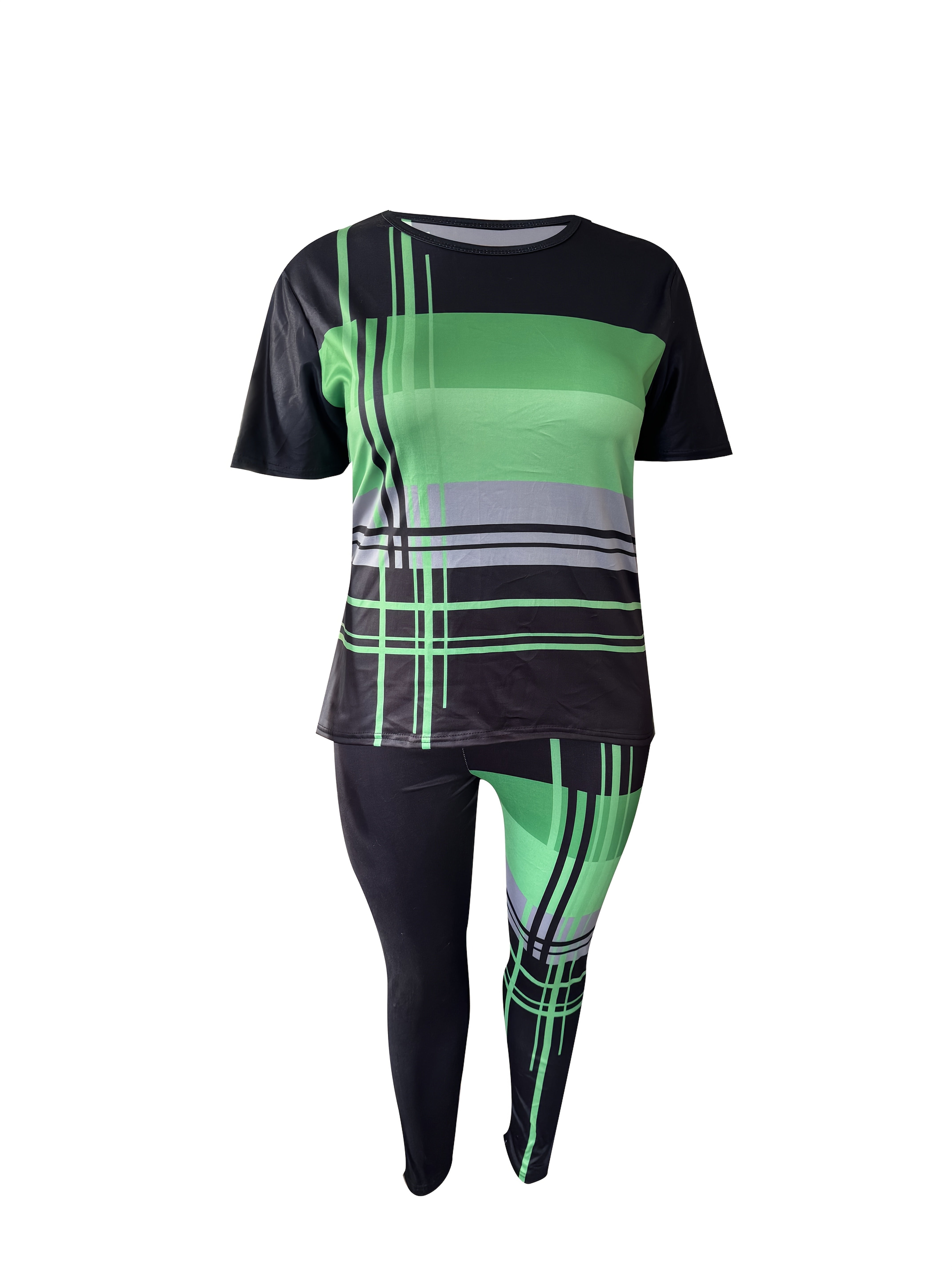 Plus Size Women's Activewear Set with Pink Geometric Print Polyester Yoga Outfit