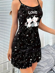 Women’s Cat and Star Print Lounge Dress with Frill Trim Backless Slip Nightgown