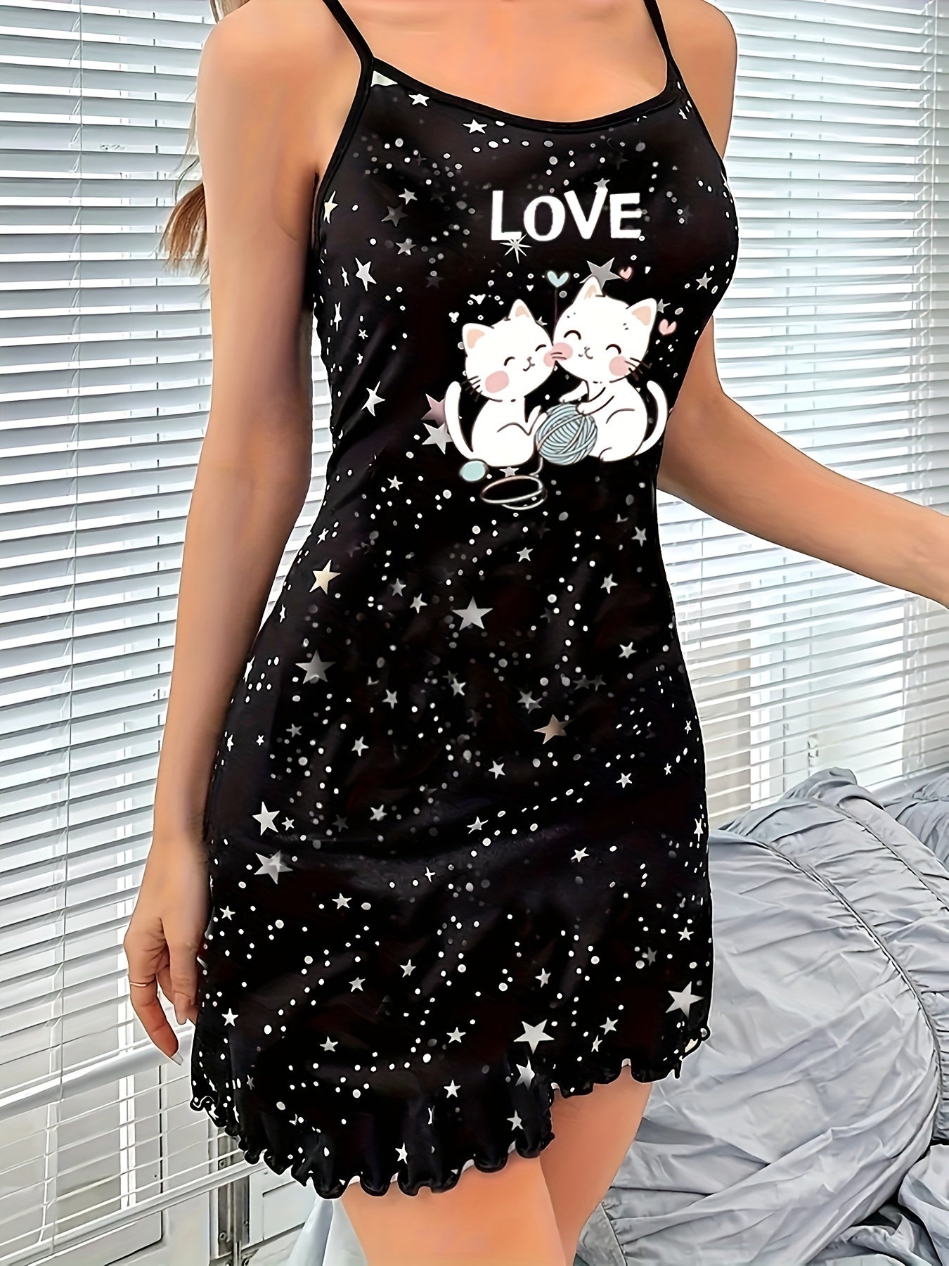 Women’s Cat and Star Print Lounge Dress with Frill Trim Backless Slip Nightgown
