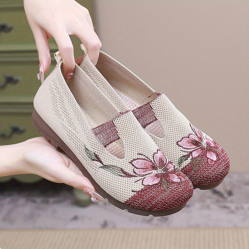 Women's Floral Slip-On Flats Breathable Knit Upper Casual Shoes Beige Gray Brown White