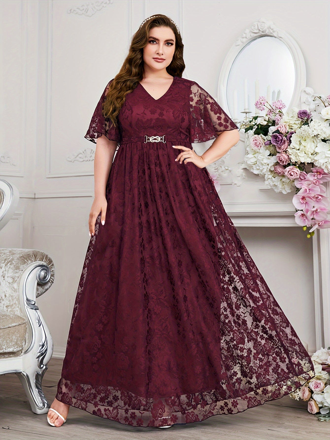 Women's Plus Size Floral Lace Swing Maxi Dress V Neck Flutter Sleeve Party Wear